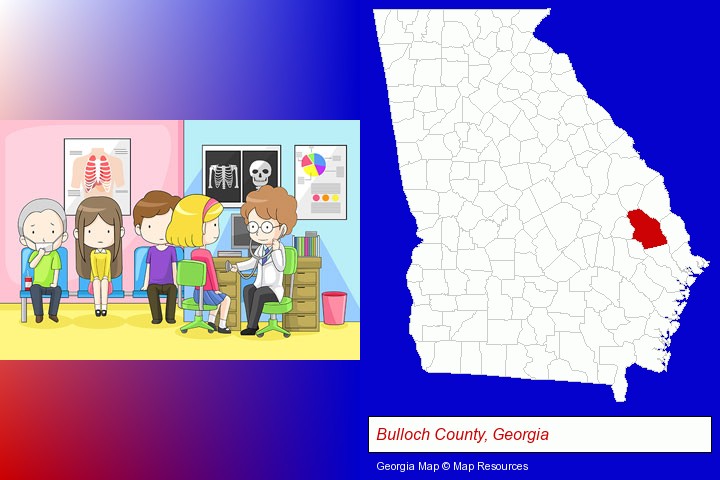 a clinic, showing a doctor and four patients; Bulloch County, Georgia highlighted in red on a map