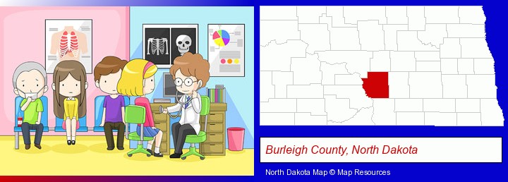 a clinic, showing a doctor and four patients; Burleigh County, North Dakota highlighted in red on a map