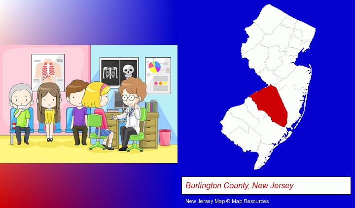 a clinic, showing a doctor and four patients; Burlington County, New Jersey highlighted in red on a map