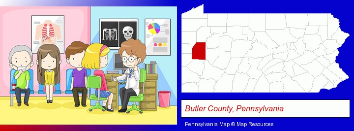 a clinic, showing a doctor and four patients; Butler County, Pennsylvania highlighted in red on a map