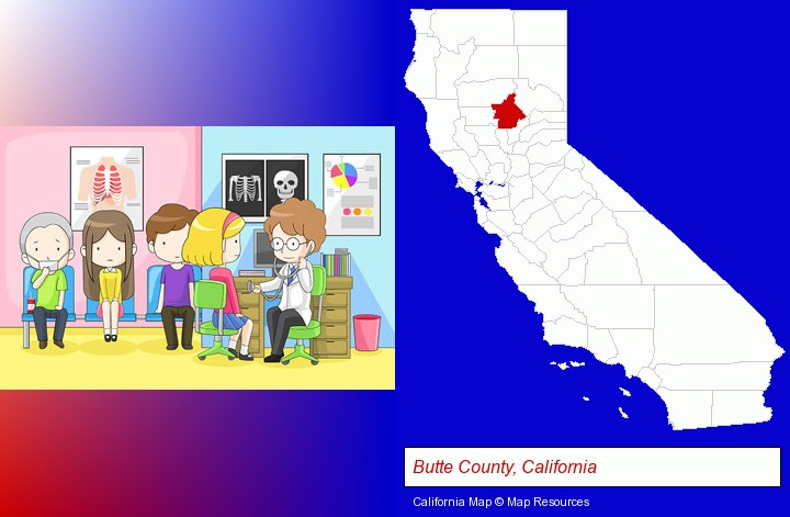 a clinic, showing a doctor and four patients; Butte County, California highlighted in red on a map