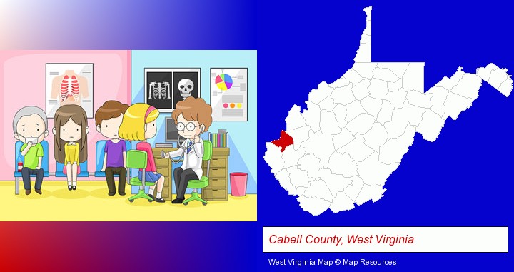 a clinic, showing a doctor and four patients; Cabell County, West Virginia highlighted in red on a map