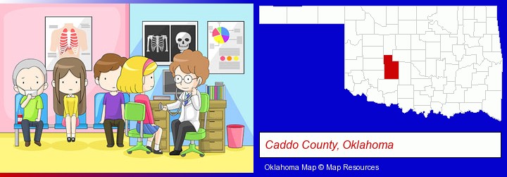a clinic, showing a doctor and four patients; Caddo County, Oklahoma highlighted in red on a map