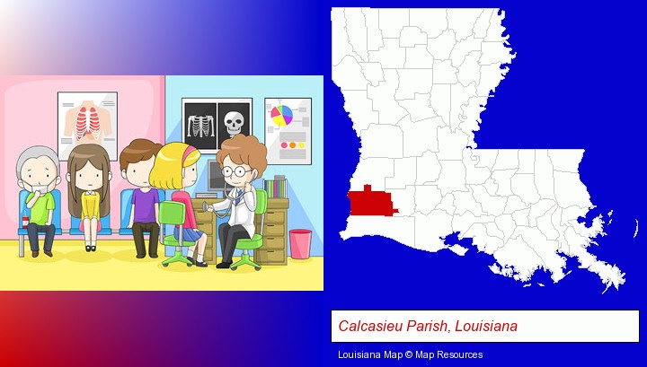 a clinic, showing a doctor and four patients; Calcasieu Parish, Louisiana highlighted in red on a map