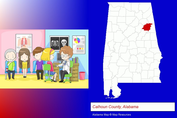 a clinic, showing a doctor and four patients; Calhoun County, Alabama highlighted in red on a map