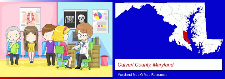 a clinic, showing a doctor and four patients; Calvert County, Maryland highlighted in red on a map