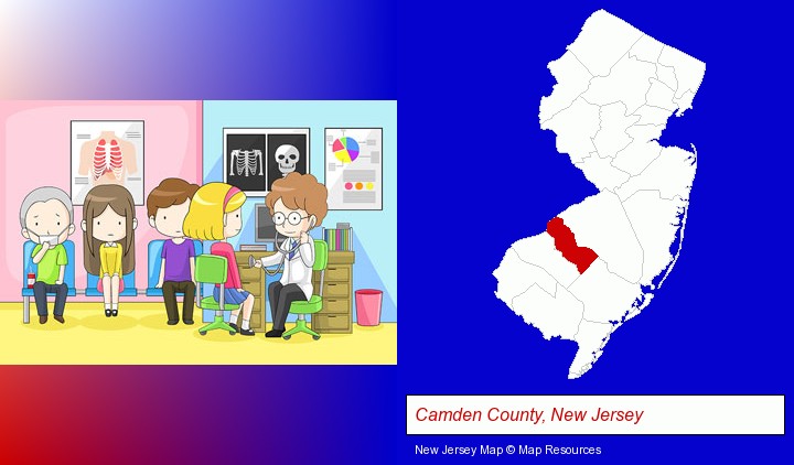 a clinic, showing a doctor and four patients; Camden County, New Jersey highlighted in red on a map