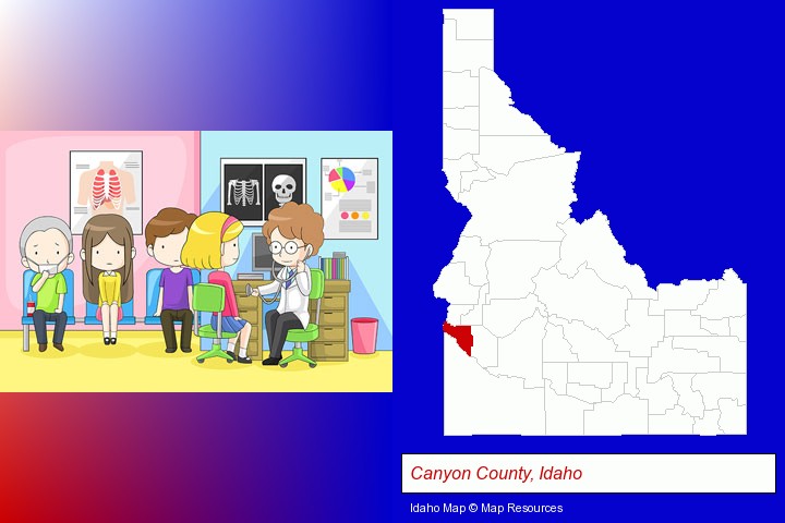 a clinic, showing a doctor and four patients; Canyon County, Idaho highlighted in red on a map