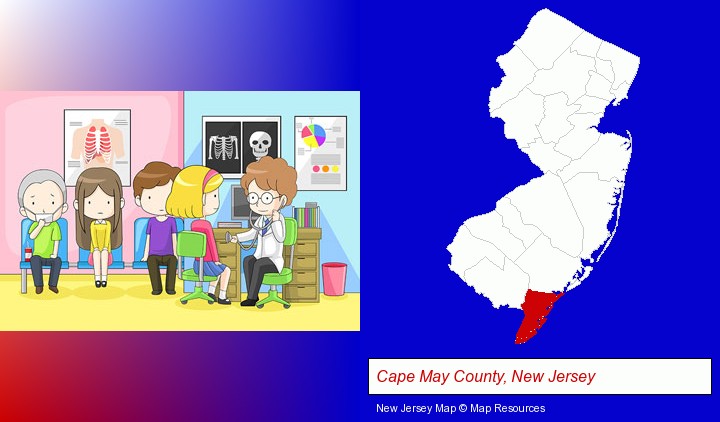 a clinic, showing a doctor and four patients; Cape May County, New Jersey highlighted in red on a map