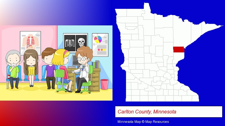 a clinic, showing a doctor and four patients; Carlton County, Minnesota highlighted in red on a map