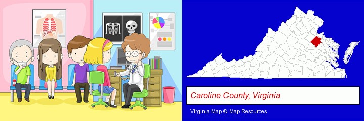 a clinic, showing a doctor and four patients; Caroline County, Virginia highlighted in red on a map