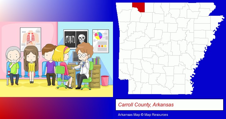 a clinic, showing a doctor and four patients; Carroll County, Arkansas highlighted in red on a map