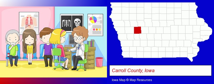 a clinic, showing a doctor and four patients; Carroll County, Iowa highlighted in red on a map