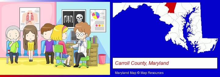 a clinic, showing a doctor and four patients; Carroll County, Maryland highlighted in red on a map