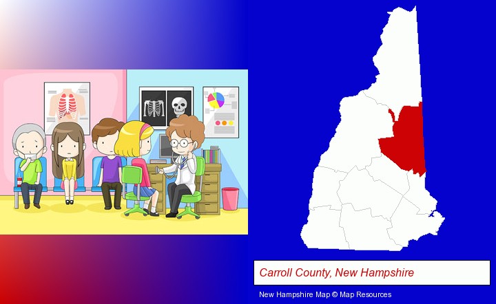 a clinic, showing a doctor and four patients; Carroll County, New Hampshire highlighted in red on a map