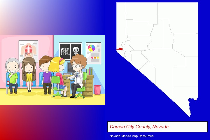 a clinic, showing a doctor and four patients; Carson City County, Nevada highlighted in red on a map