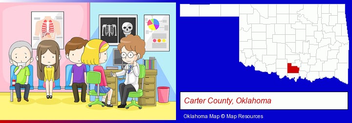 a clinic, showing a doctor and four patients; Carter County, Oklahoma highlighted in red on a map