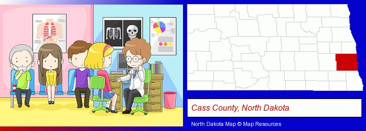 a clinic, showing a doctor and four patients; Cass County, North Dakota highlighted in red on a map