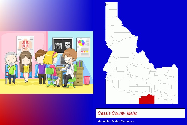 a clinic, showing a doctor and four patients; Cassia County, Idaho highlighted in red on a map