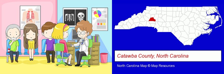 a clinic, showing a doctor and four patients; Catawba County, North Carolina highlighted in red on a map