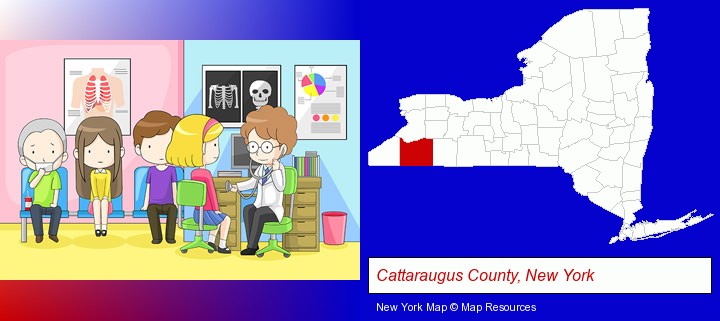 a clinic, showing a doctor and four patients; Cattaraugus County, New York highlighted in red on a map