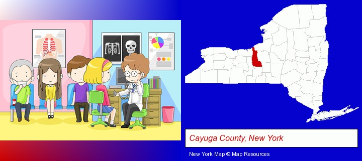 a clinic, showing a doctor and four patients; Cayuga County, New York highlighted in red on a map