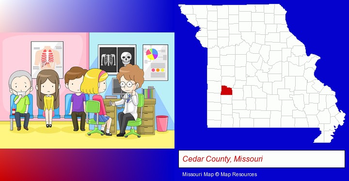 a clinic, showing a doctor and four patients; Cedar County, Missouri highlighted in red on a map