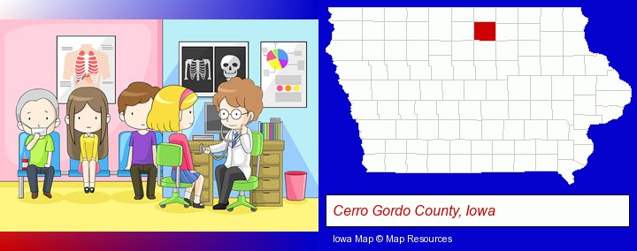 a clinic, showing a doctor and four patients; Cerro Gordo County, Iowa highlighted in red on a map