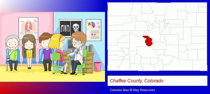 a clinic, showing a doctor and four patients; Chaffee County, Colorado highlighted in red on a map