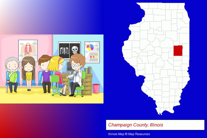 a clinic, showing a doctor and four patients; Champaign County, Illinois highlighted in red on a map