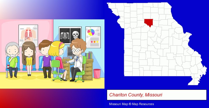 a clinic, showing a doctor and four patients; Chariton County, Missouri highlighted in red on a map