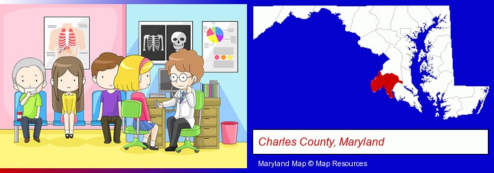 a clinic, showing a doctor and four patients; Charles County, Maryland highlighted in red on a map