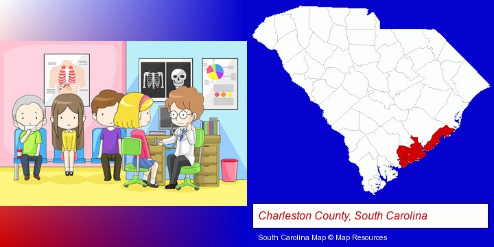a clinic, showing a doctor and four patients; Charleston County, South Carolina highlighted in red on a map