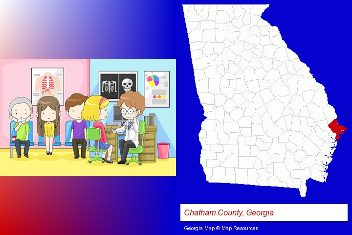 a clinic, showing a doctor and four patients; Chatham County, Georgia highlighted in red on a map