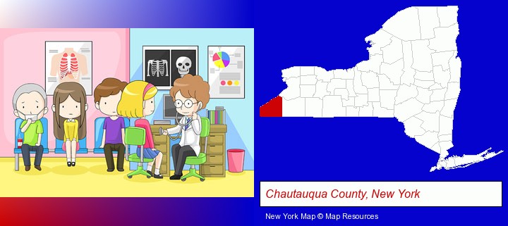 a clinic, showing a doctor and four patients; Chautauqua County, New York highlighted in red on a map