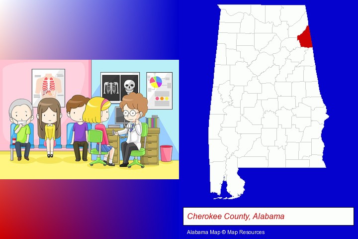 a clinic, showing a doctor and four patients; Cherokee County, Alabama highlighted in red on a map