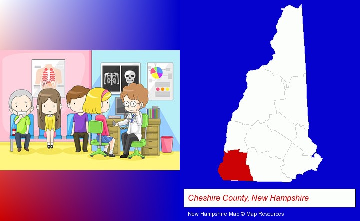 a clinic, showing a doctor and four patients; Cheshire County, New Hampshire highlighted in red on a map
