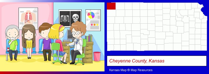 a clinic, showing a doctor and four patients; Cheyenne County, Kansas highlighted in red on a map