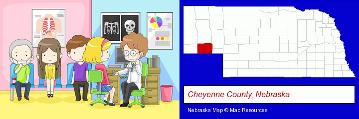 a clinic, showing a doctor and four patients; Cheyenne County, Nebraska highlighted in red on a map