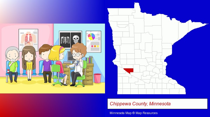 a clinic, showing a doctor and four patients; Chippewa County, Minnesota highlighted in red on a map