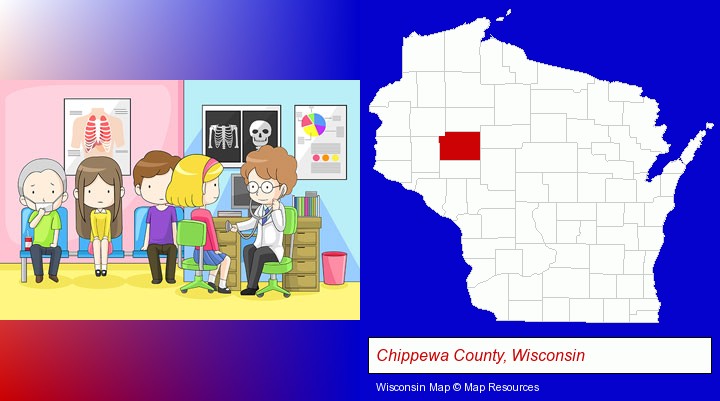 a clinic, showing a doctor and four patients; Chippewa County, Wisconsin highlighted in red on a map