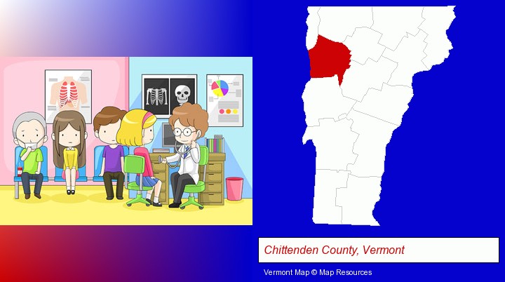 a clinic, showing a doctor and four patients; Chittenden County, Vermont highlighted in red on a map