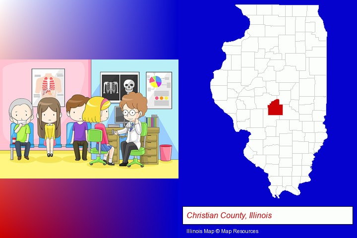 a clinic, showing a doctor and four patients; Christian County, Illinois highlighted in red on a map