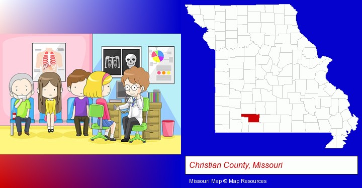 a clinic, showing a doctor and four patients; Christian County, Missouri highlighted in red on a map