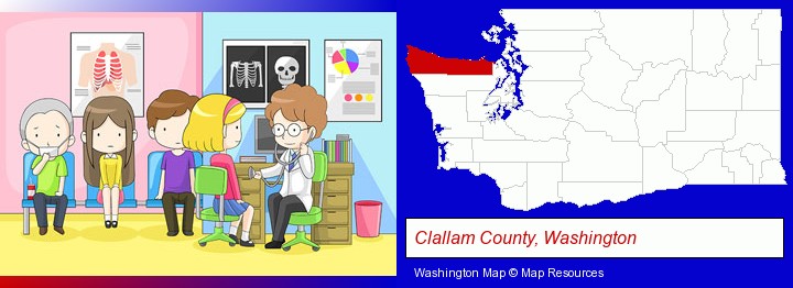 a clinic, showing a doctor and four patients; Clallam County, Washington highlighted in red on a map