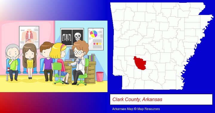 a clinic, showing a doctor and four patients; Clark County, Arkansas highlighted in red on a map