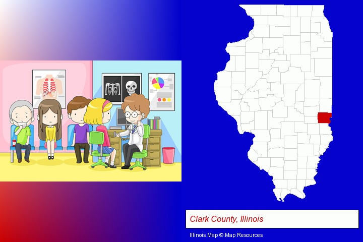 a clinic, showing a doctor and four patients; Clark County, Illinois highlighted in red on a map