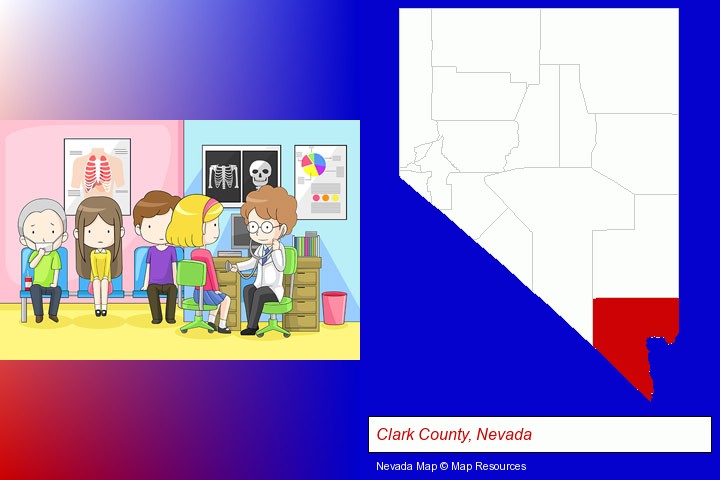a clinic, showing a doctor and four patients; Clark County, Nevada highlighted in red on a map