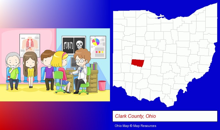a clinic, showing a doctor and four patients; Clark County, Ohio highlighted in red on a map