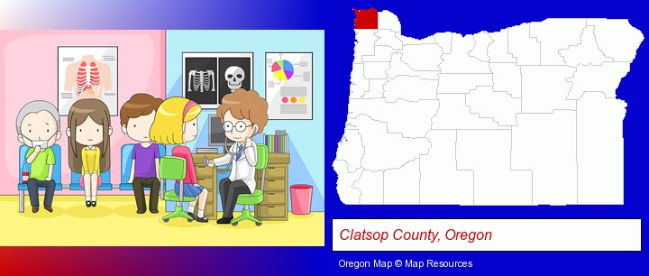 a clinic, showing a doctor and four patients; Clatsop County, Oregon highlighted in red on a map